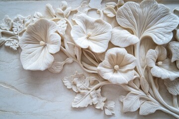 Ornate floral bas-relief carving on light beige stone.