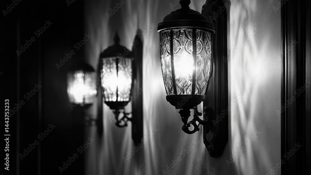 Poster A black and white image of a row of lights, suitable for use in designs where a minimalist aesthetic is desired
