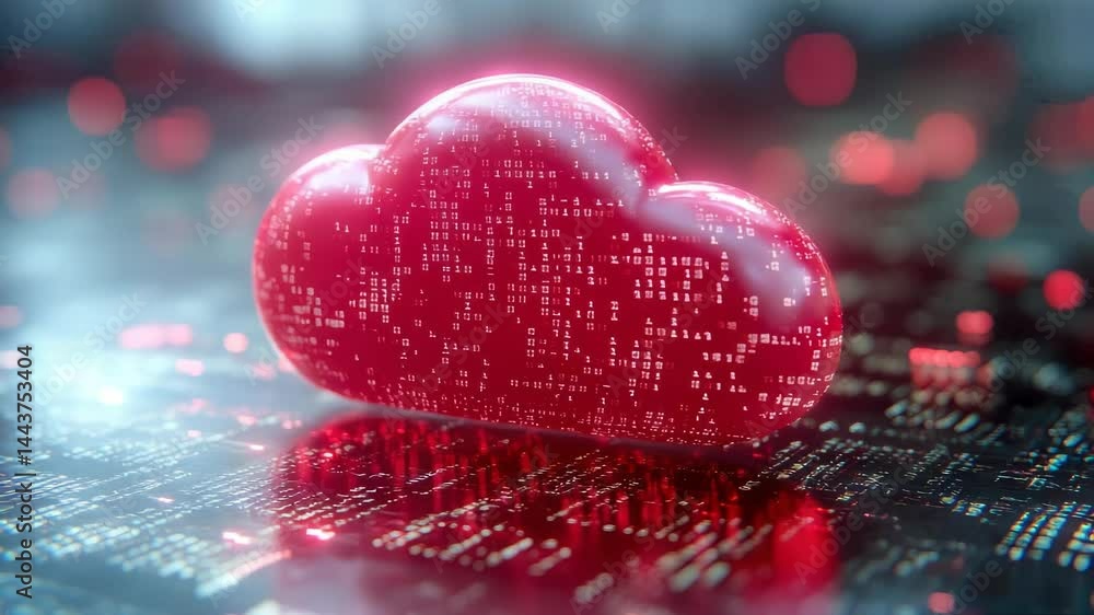 Poster futuristic red cloud computing data visualization set against a moody digital storm background