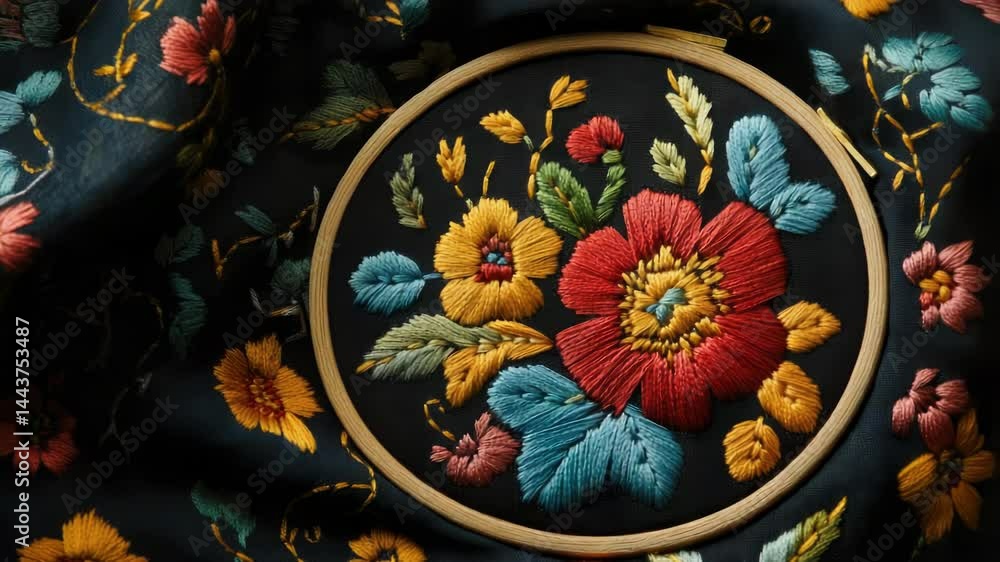 Poster close-up view of intricate embroidery design on a fabric surface