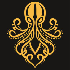 Gold Octopus Illustration with Curled Tentacles Black Background