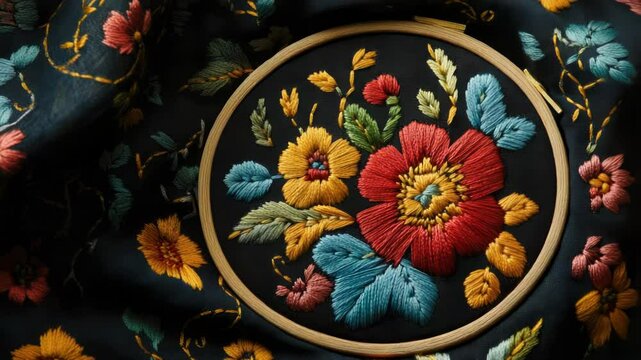Close-up view of intricate embroidery design on a fabric surface