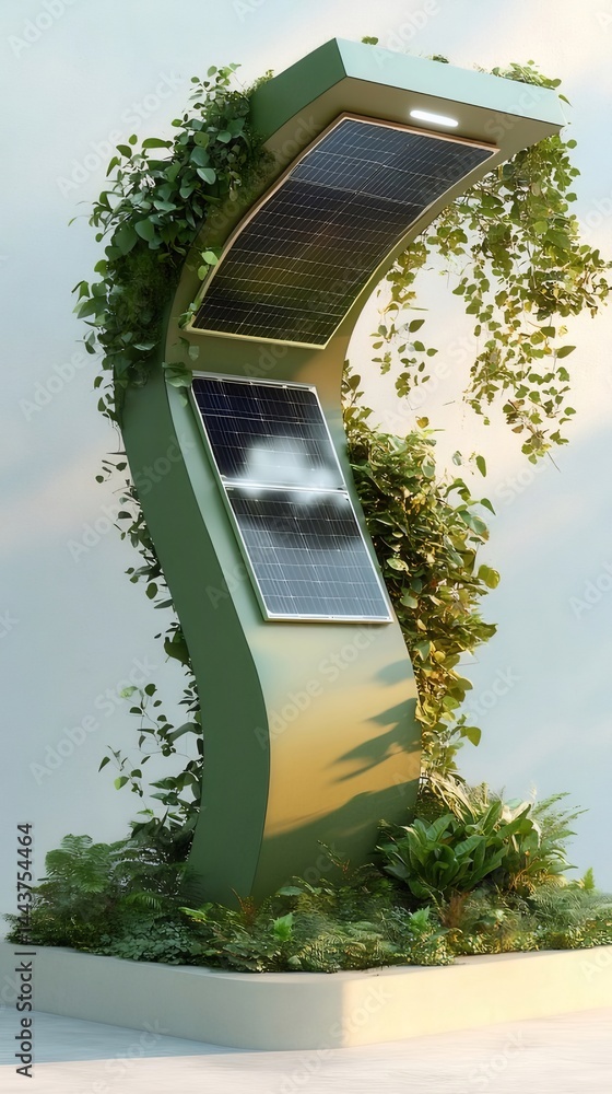Poster 緑のソーラーパネルと植物をまとったモダンな都市デザイン 太陽光発電インフラの屋外展示