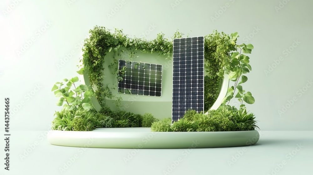 Poster 緑の装飾の中に設置された太陽光パネルと植物の三次元レンダリング 環境に優しいエネルギーと持続可能性の概念