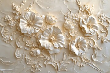 Ornate floral relief design in cream tones.