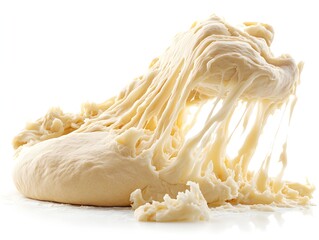 Freshly made pizza dough with long stretchy sts of gluten isolated on white background showing texture and elasticity.