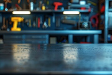 A metal blank tabletop with blurred automotive tools and parts in the background suitable for promoting automotive products