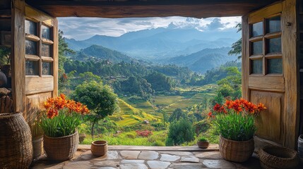 Fototapeta premium Serene Mountain View from Rustic Wooden Window