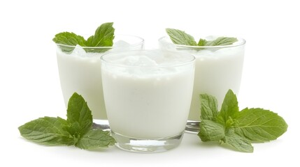 Three glasses of refreshing creamy yogurt drink with ice and fresh mint leaves are perfectly arranged on a white background.