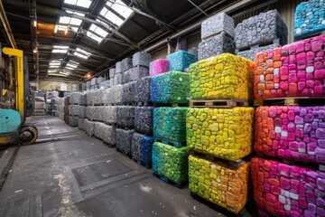 Stack of Colorful Recycled Plastic Bales Awaiting Shipment in Warehouse Loading Dock Area for Processing and Manufacturing