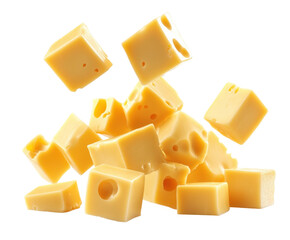 Cheese cubes falling in mid-air food isolated on transparent background