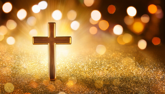 beautiful gold bokeh background with a christian cross