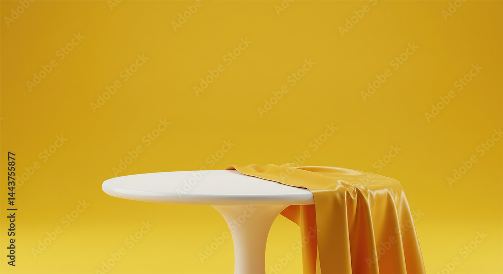 Poster white dinner table or empty pedestal display on vivid yellow background with elegant fabric. blank s