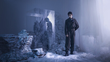 Frozen astronaut scenario on icy exoplanet, cinematic sci-fi concept of teleportation mishap and...