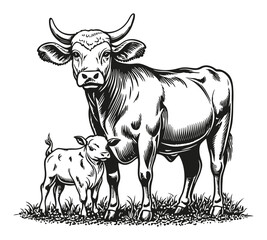 Fototapeta premium Hand-Drawn Engraving of a Cow and Calf in a Pastoral Setting