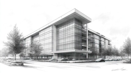 Architectural Sketch: Modern Office Building Design