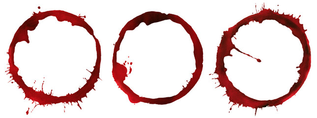 Round traces of red paint or blood. Circle paint marks with splashes isolated on transparent background © Roman Samokhin