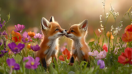 Two playful fox kits nuzzling each other in vibrant meadow filled with colorful wildflowers under warm sunlight
