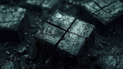 Cracked cube on darkened surface, with texture and detail