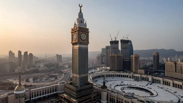  Aerial View of Mecca Clock Tower & Skyline at Sunset