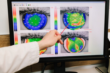 Diagnosis of the cornea and eyes in ophthalmology clinic. Ophthalmologist is showing corneal...