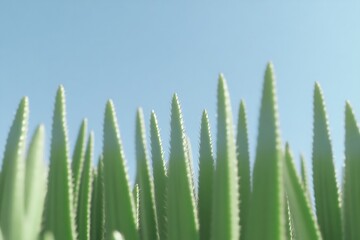 Close-up view of vibrant green grass blades against a clear sky