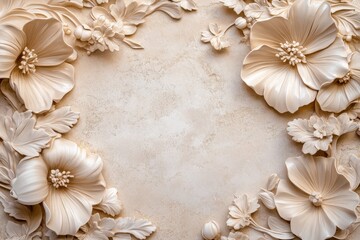 Ornate floral bas-relief design on a light beige background.