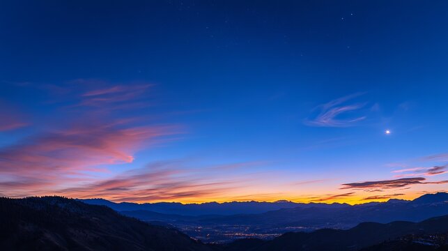 Serene sunset landscape with majestic mountain range and pink clouds sky view calm photo image scene