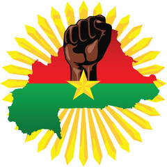 Burkina Faso map with Flag and Star, African Revolution Fist on bright abstract sun rays, vector illustration isolated on white 