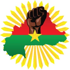 Burkina Faso map with Flag and Star, African Revolution Fist on bright abstract sun rays, vector illustration isolated on white 