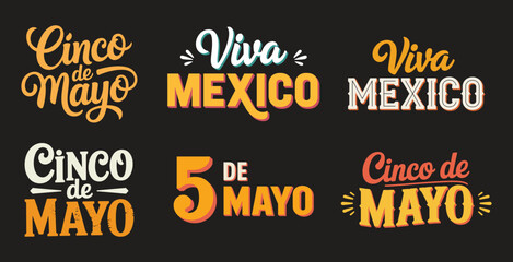Colorful Cinco de Mayo and Viva Mexico Typography Vector Set for Mexican Festival, Celebration Graphics, and Holiday Design Projects.