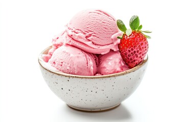 Strawberry ice cream in bowl, isolated, white background. AI generated illustration.