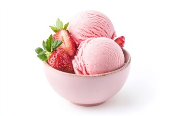 Strawberry ice cream in bowl, isolated, white background. AI generated illustration.