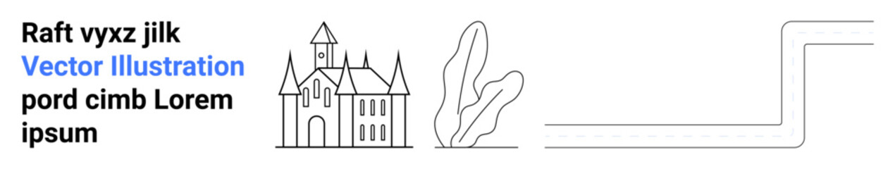 Gothic-style castle with detailed spires and arches, minimalist leaves, and a curved linear design. Ideal for architecture, history, storytelling, branding, travel, education or a simple landing