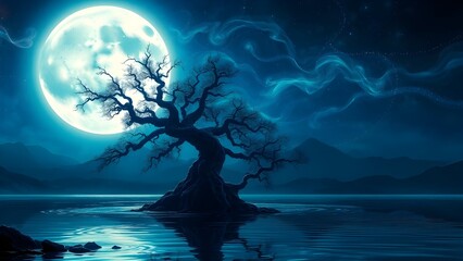 A surreal nighttime landscape illuminated by a massive luminescent moon, pulsating with cosmic energy. A single ancient tree, gnarled and twisted, rises from a reflective water surface, its silhouette
