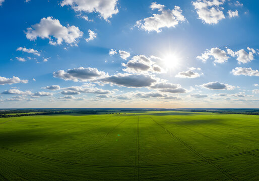 Aerial View of Green Field and Blue Sky with Clouds, Bright Sun, Natural Landscape. - Powered by Adobe