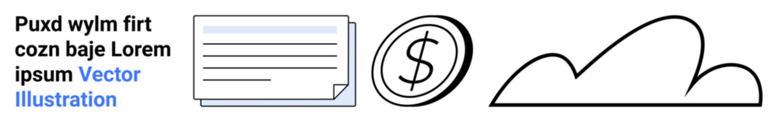 Text block, document, currency sign, and cloud outline showcasing data storage, finance, and technology ideas. Ideal for technology, cloud storage, financial services digital solutions minimal