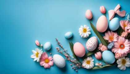 easter with flowers and eggs on blue