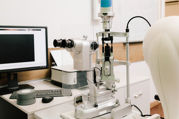Slit lamp to diagnose the eyes and cornea. Slit lamp for ophthalmologist for examination eye and cornea of patient.