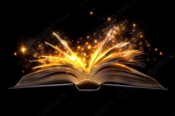 The release of golden particles from book pages crafts a mystical ambiance that fosters knowledge and imagination within a simple setting