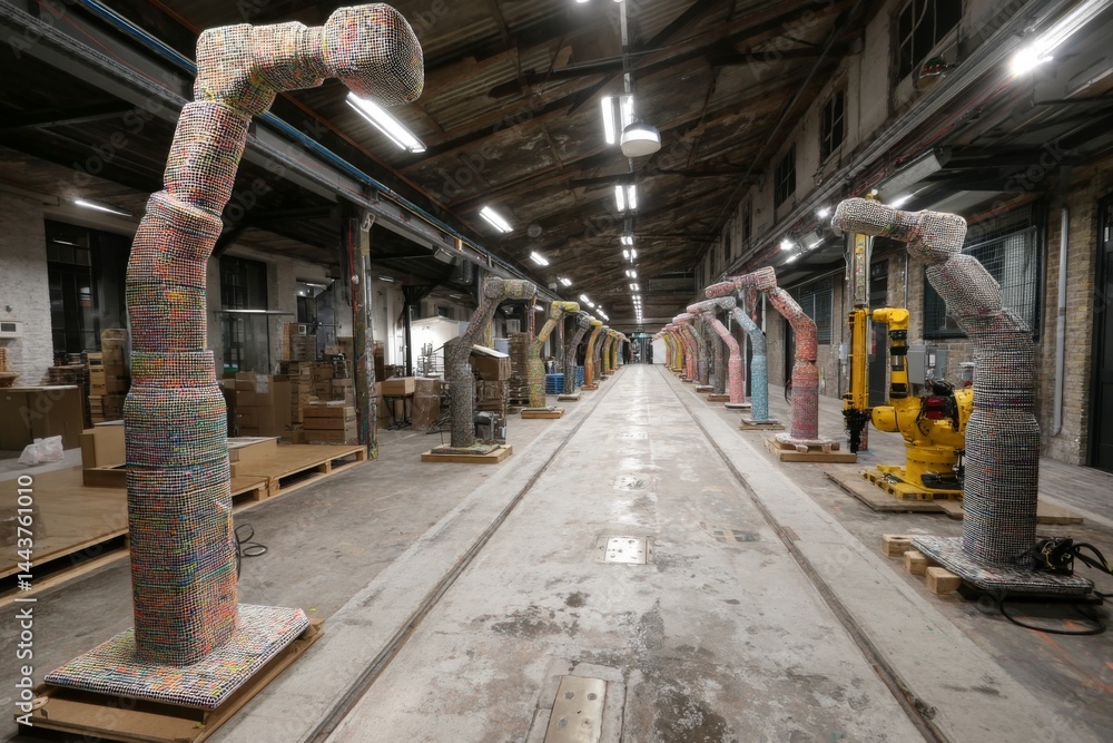 Poster robotic arms adorned in colorful material stand in a long row inside large building