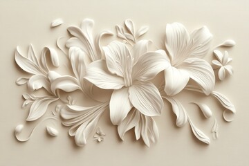 Fototapeta premium Ornate floral design in a light beige embossed relief.