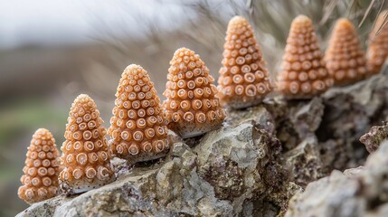 Macro shot of barnacle cluster their symmetrical circular hexagonal pattern captured sharp focus shallow depth of field isolates barnacle surrounding rock gently blurred Soft overcast light enhances