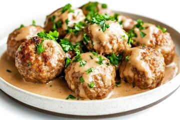 Swedish meatballs, isolated on plate, white background. AI generated illustration.