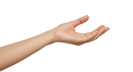 Caucasian woman's hand reaching out, offering or receiving something in a gesture of support, isolated on a white background for easy compositing