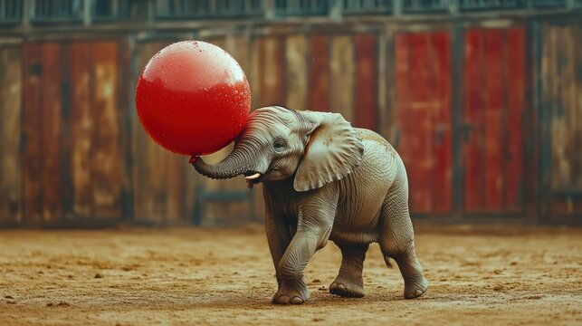 Baby elephant playing with a red ball