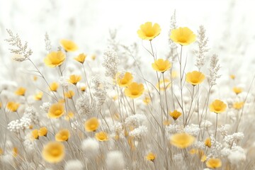 Vibrant clusters of soft-focused delicate flowers and grasses create a landscape setting that is serene and tranquil