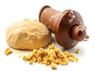 Fototapeta premium A ball of homemade bread dough rests beside a vintage wooden rolling pin and scattered crumbs on a white background.