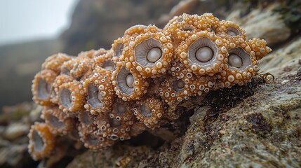 Macro shot of barnacle cluster their symmetrical circular hexagonal pattern captured sharp focus shallow depth of field isolates barnacle surrounding rock gently blurred Soft overcast light enhances