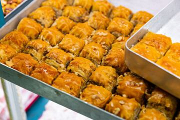 Traditional Oriental sweet Baklava pastries at the Turkish market.